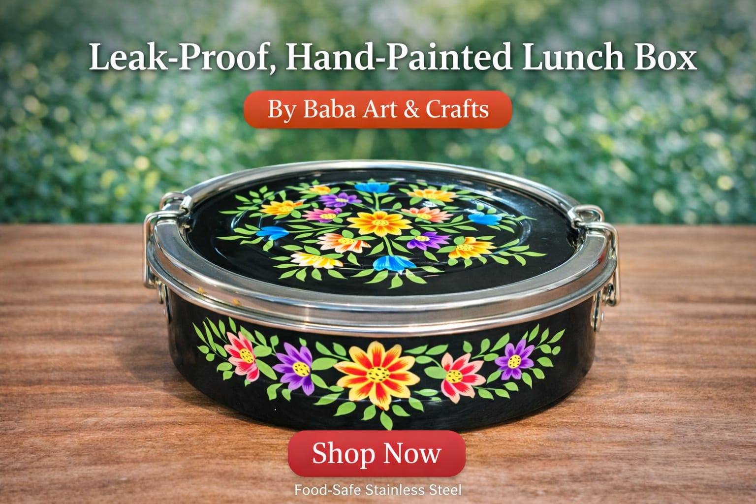 Single tier oval hand-painted stainless steel lunch box from Kashmir, leak-proof and lead-free enamelware handicraft